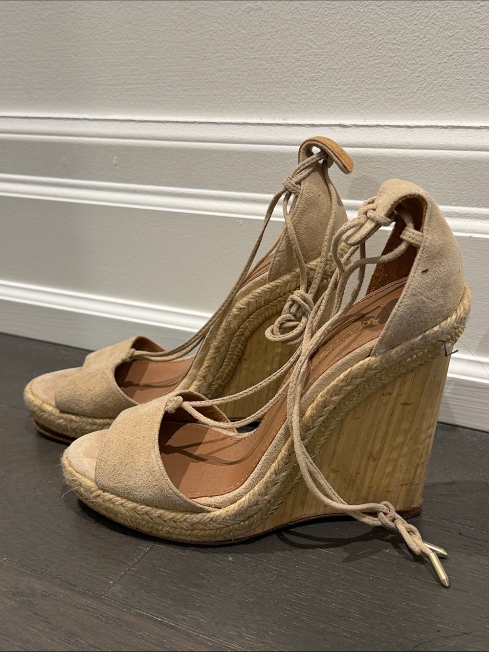 Aquazzura Beige Suede Espadrille Wedge Sandals with Lace-Up Ties